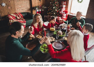 Photo Of Family Friends Little Childhood Grandchildren Pensioner Retired Grandparents Sit Table Noel Harmony Xmas Prayer Indoors In House