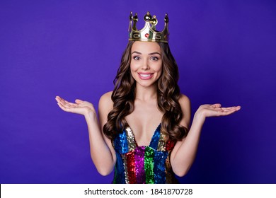 Photo of fancy funny lady prom queen wear crown shiny sequins dress isolated purple color background