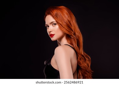 Photo of fashionable gorgeous glamour lady hollywood turn around celebrity dress isolated on black color background