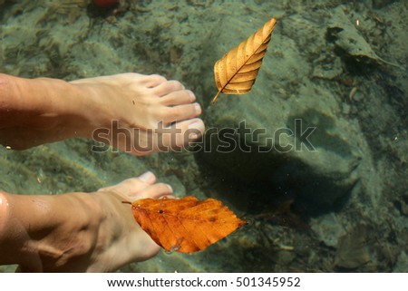 photo of feet and autumn leaves in the water