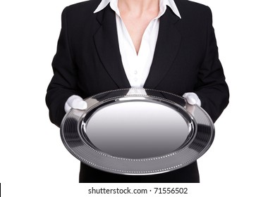 Photo Of A Female Butler Holding A Silver Tray, Isolated Against A White Background. Good Image For Product Placement.