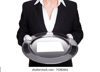 Photo Of A Female Butler Holding A Silver Tray With Blank White Card, Isolated Against A White Background.