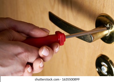 Photo of female hands, with screwdriver, tightening door hinge