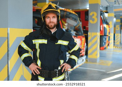 Photo of fireman with gas mask and helmet near fire engine.
