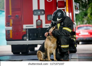 Photo of fireman squatting next to service dog near fire engine