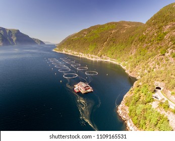 Photo Of Fish Farm In Norway. Blue Sea And Mountains With Vegetation. Aerial Shot. View From Above.