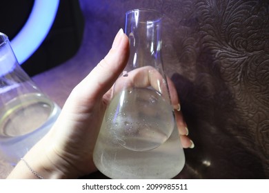 Photo Of Flasks With Chemical Reagents. Chemical Raw Materials. Flasks With Acid