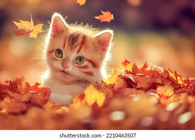 Photo of a fluffy yellow cute kitty in the autumn garden with falling leaves