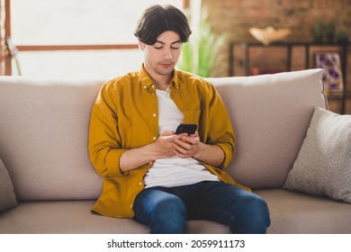 Photo of focused calm handsome guy hold telephone look screen texting sit couch wear yellow shirt home indoors
