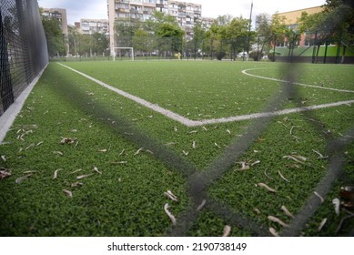 Photo Of A Football Field Behind A Net, Lines On A Football Field, Football Field Goal, Football Field Goal Net Soccer Game