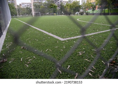 Photo Of A Football Field Behind A Net, Lines On A Football Field, Football Field Goal, Football Field Goal Net Soccer Game