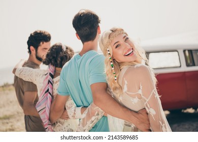 Photo of four people gathering cuddle best hippie adventure buddies enjoy summer wear casual outfit nature seaside beach - Powered by Shutterstock