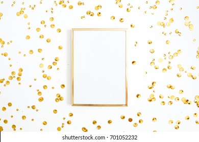 Photo Frame Mock Up With Space For Text And Golden Confetti Tinsel On White Background. Flat Lay, Top View. Minimal Background.