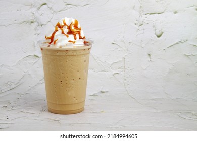 Photo of freshly made caramel macchiato flavored frappe.