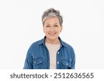 Photo of friendly middle-age adult woman in white t-shirt denim shirt short bob grey hair smiling looking at the camera isolated over white background. Advertisement concept