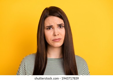Photo of frustrated desperate woman frowning cry look camera wear striped shirt isolated yellow background - Shutterstock ID 1943717839