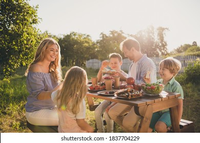 Photo of full big family five people three little kids sit bench table relax delicious dinner eat sandwich apples salad generation sunny weekend comfort home park backyard outdoors - Powered by Shutterstock