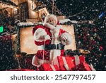 Photo of funky cool santa wear read costume hat bought gifts market sitting driving sleigh carry miracle illuminated streets outdoors