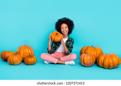 Photo of funky cute lovely lady sit floor hold orange pumpkin enjoy party wear plaid shirt isolated teal color background - Shutterstock ID 2207371413