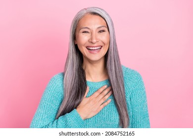 Photo of funky excited mature woman laughing enjoying moment hear good joke isolated on pink color background - Shutterstock ID 2084752165