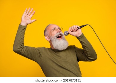 Photo of funky old white beard man sing in mic wear eyewear green sweater isolated on yellow color background - Powered by Shutterstock