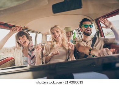 Photo of funky youngster students have fun drive auto party dance wear boho outfit nature seaside outside - Powered by Shutterstock