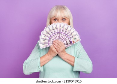 Photo Of Funny Crazy Pensioner Nice Old Lady Hold Cash Fan Cover Face Wear Blue Shirt Isolated Purple Color Background