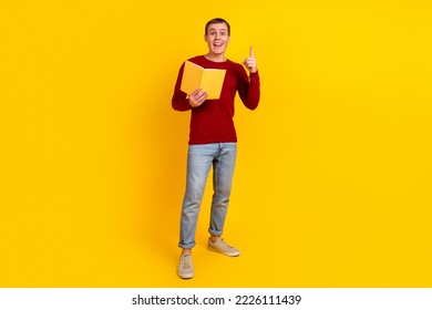 Photo Of Funny Excited Guy Hold Favorite Book Enjoy Reading Great Brilliant Mind Isolated Bright Color Background.