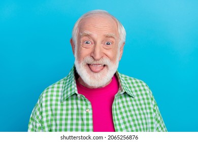 Photo Of Funny Funky Cool Retired Old Grandpa Stick Out Tongue Good Mood Isolated On Pastel Blue Color Background