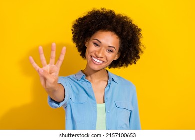 Photo Of Funny Glad Nice Attractive Lady Teach You Kid Counting Fingers Wear Denim Shirt Isolated Yellow Color Background