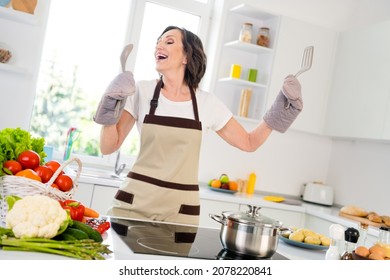 Photo of funny mature brunette lady cook hold spatula wear gloves apron white t-shirt at kitchen alone