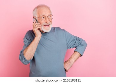 Photo of funny old grey hairdo man talk telephone wear eyewear blue shirt isolated on pink color background - Powered by Shutterstock