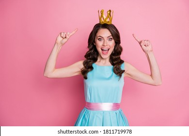 Photo of funny shocked fancy lady prom event party recognized as prom queen direct fingers head golden crown nomination status wear blue teal dress isolated pink color background - Powered by Shutterstock