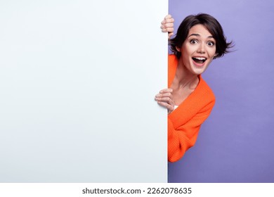 Photo of funny shocked surprised beautiful attractive brunette hair lady hide behind huge empty space panel deal isolated on purple color background