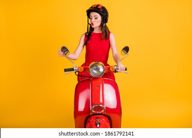 Photo Of Funny Sweet Woman Dressed Red Outfit Helmet Riding Vintage Checking Makeup Mirror Isolated Yellow Color Background