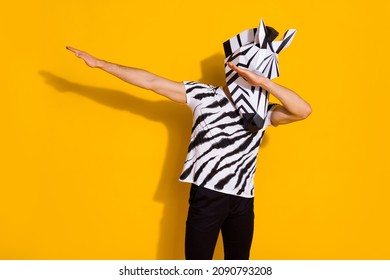 Photo Of Funny Weird Man Wear Zebra Print T-shirt Mask Dancing Masquerade Festive Isolated Yellow Color Background