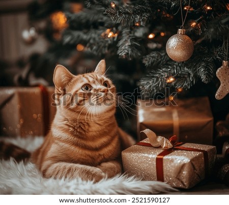 Photo of ginger tabby cat sitting under Christmas tree. Red cat