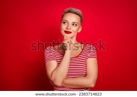 Photo of girl deep thinking looking interested mockup to choose best cosmetics in store hmm isolated on bright red color background