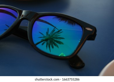 Photo of glasses on a table with reflection of a palm tree