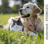 A photo of a golden retriever dog and a gray and white cat lying down together