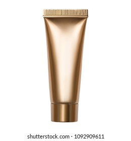 Photo of golden tube with cosmetic product isolated on white background