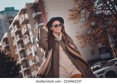 Photo Of Good Looking Lady Dressed Comfortable Cozy Comfort Clothes Outfit Move Town Street Go Work Office Curios Look Ahead Outdoors