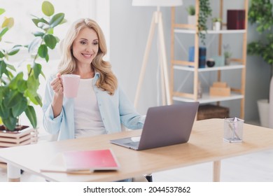 Photo Of Good Mood Beautiful Woman Drinking Coffee Tea Relaxing From Work Enjoying Free Time Break Pause At Home