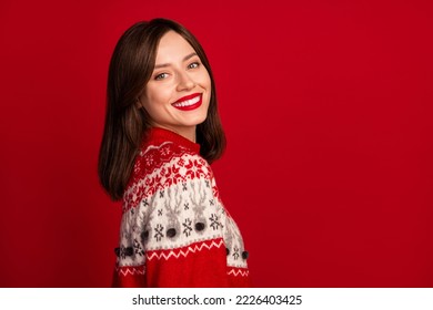 Photo of good mood gorgeous optimistic girl with straight hairstyle wear red sweater toothy smiling isolated on red color background - Powered by Shutterstock