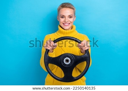Photo of gorgeous lady hold steering wheel enjoy trip city center no traffic jams free road new bmw car isolated on blue color background