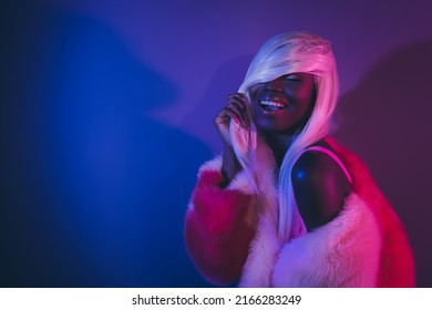 Photo Of Gorgeous Lady Private Dancing At Bachelor Party In Vip Nightclub Isolated On Ultraviolet Effect Background