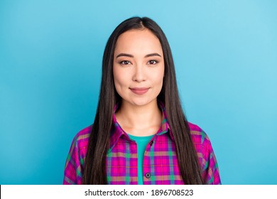 Photo Of Gorgeous Person Tender Smile Look Camera Wear Purple Checkered Clothing Isolated On Blue Color Background