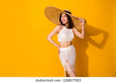 Photo of gorgeous positive lady touch large sun hat look empty space isolated on yellow color background