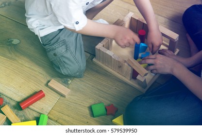 Photo Gradient Style with Little Children Playing Toy Blocks