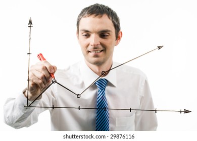 Photo of graph being drawn by happy professional at during presentation